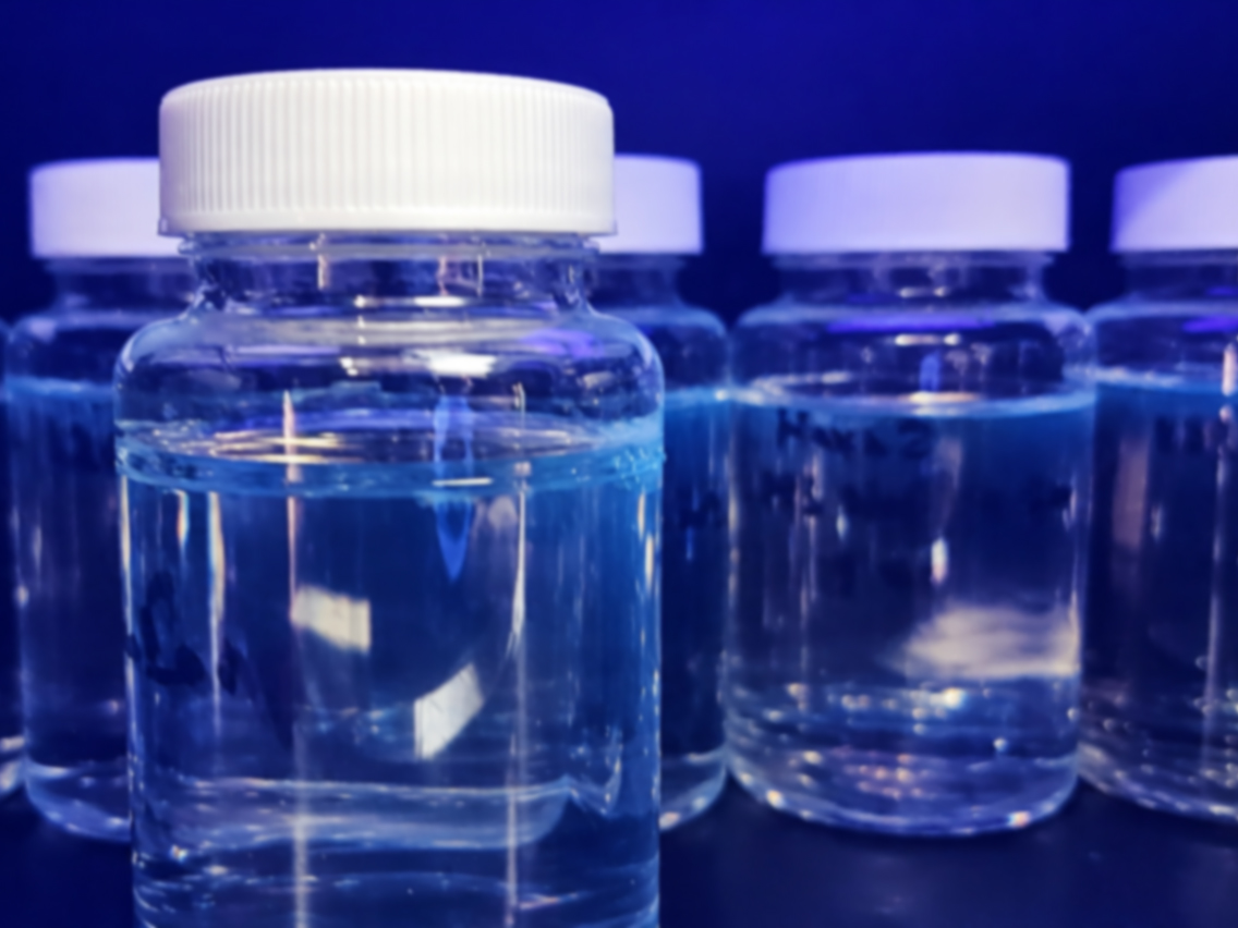 Drinking water sample bottles under UV light