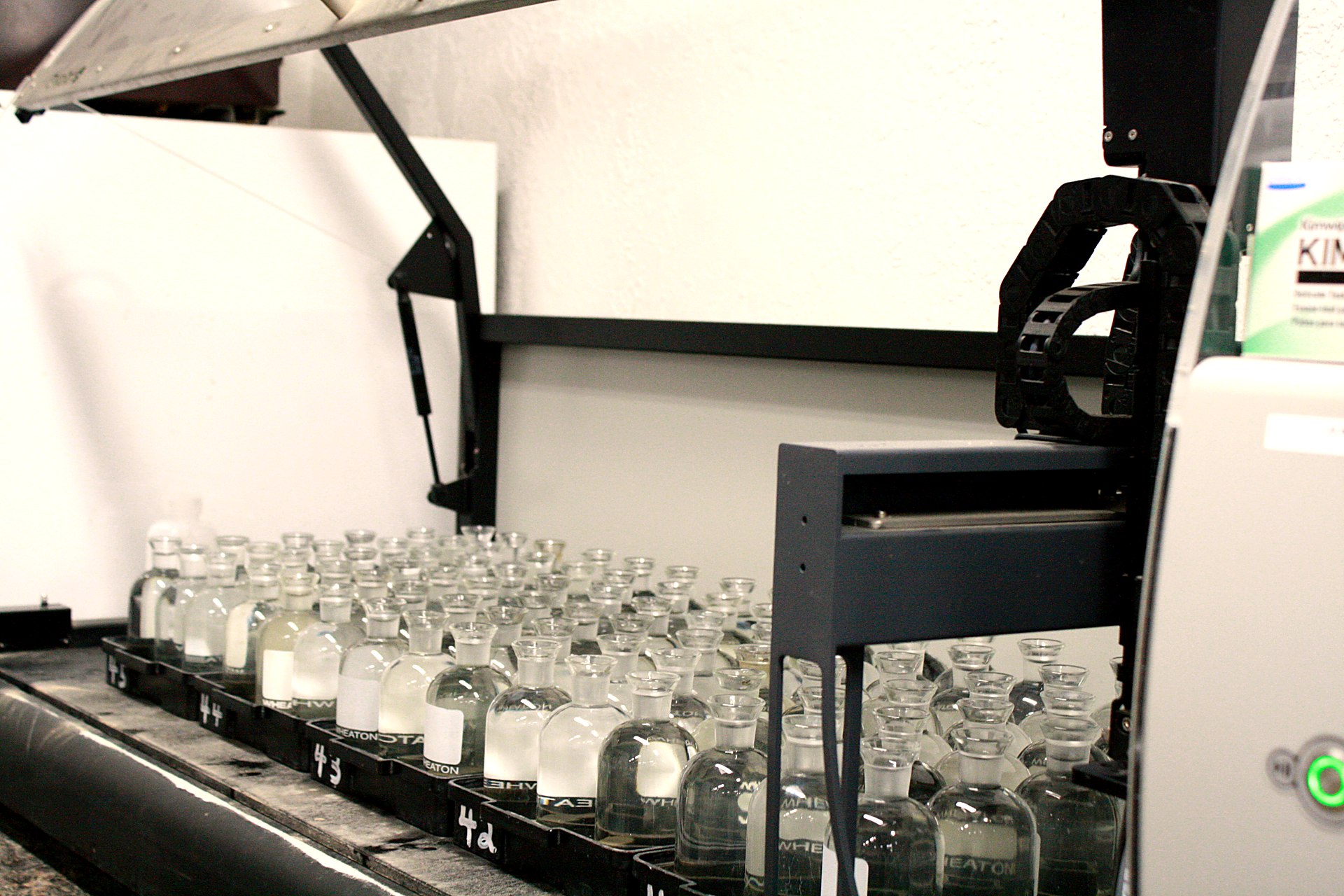BOD bottles arrayed for wastewater analysis